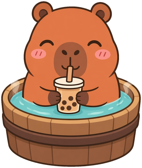A capybara sitting in a wooden onsen tub, sipping boba.