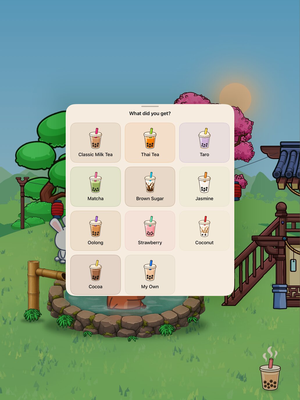 Checking in a drink on iPad, choosing from a grid of boba teas.