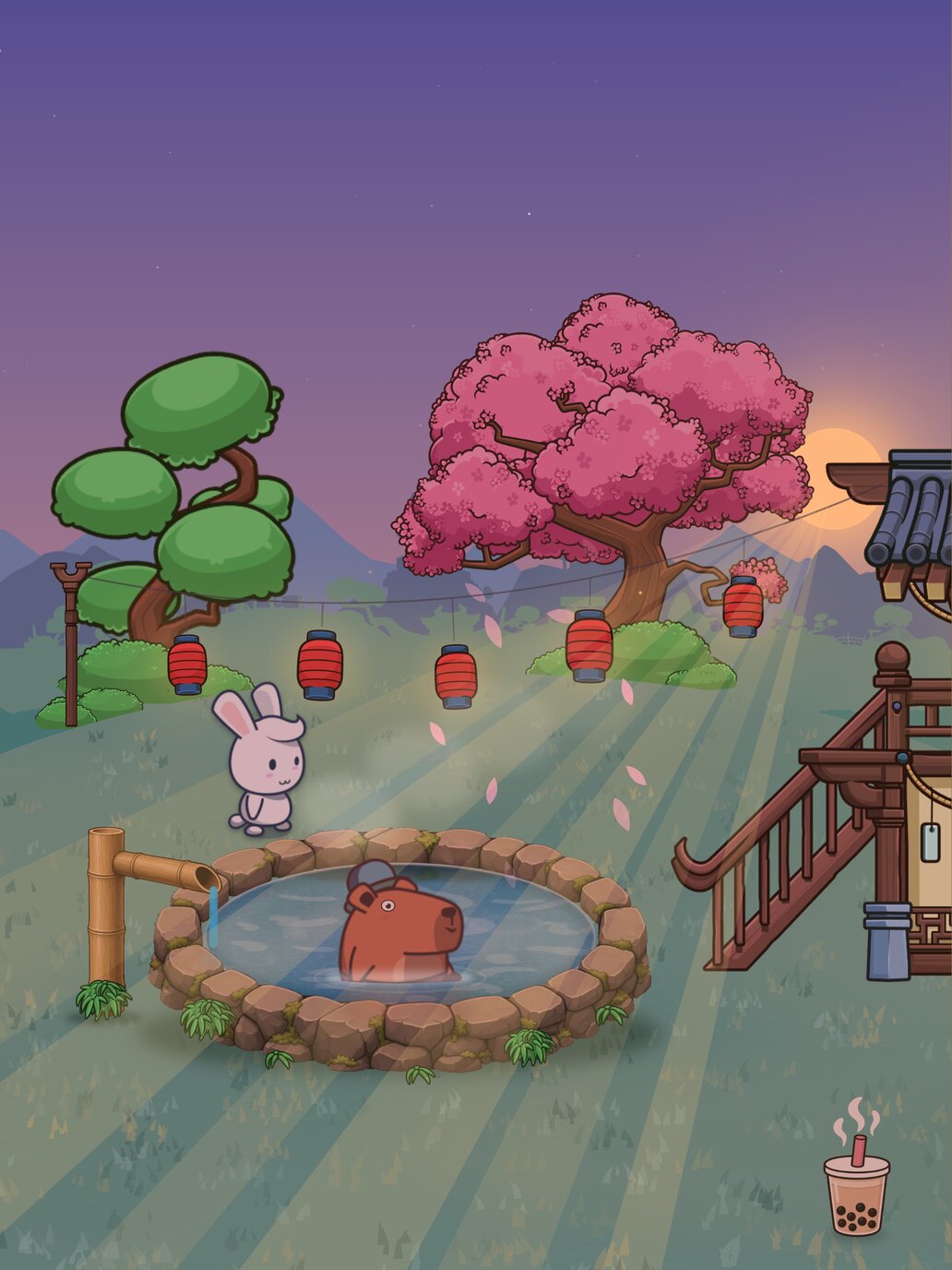 The onsen at dusk on iPad, with a capybara in the bath.
