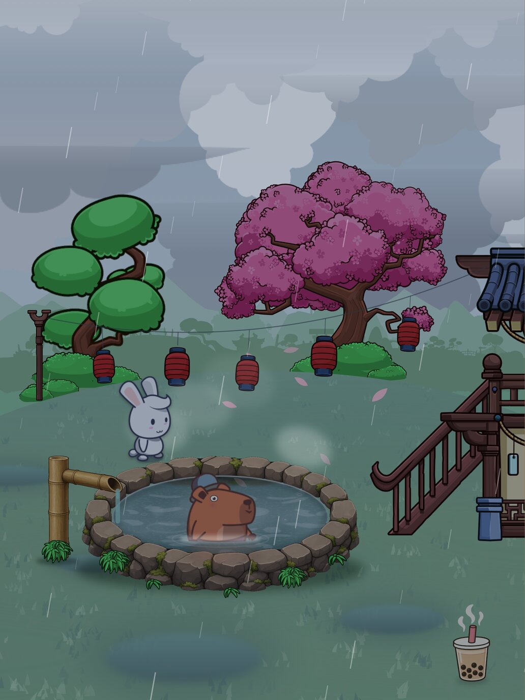 The onsen in the rain on iPad, with a capybara in the bath.