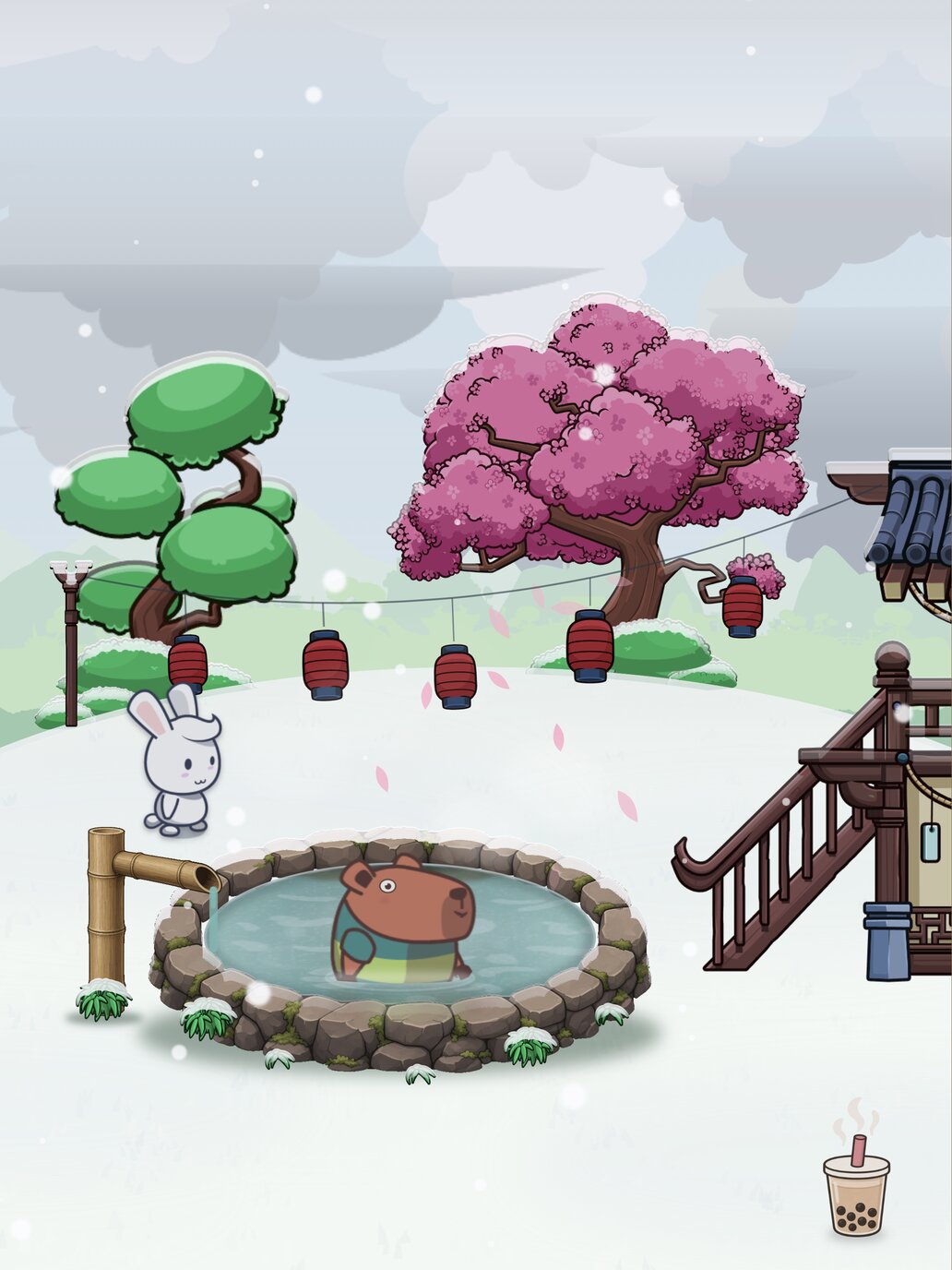 The onsen in the snow on iPad, with a capybara in the bath.