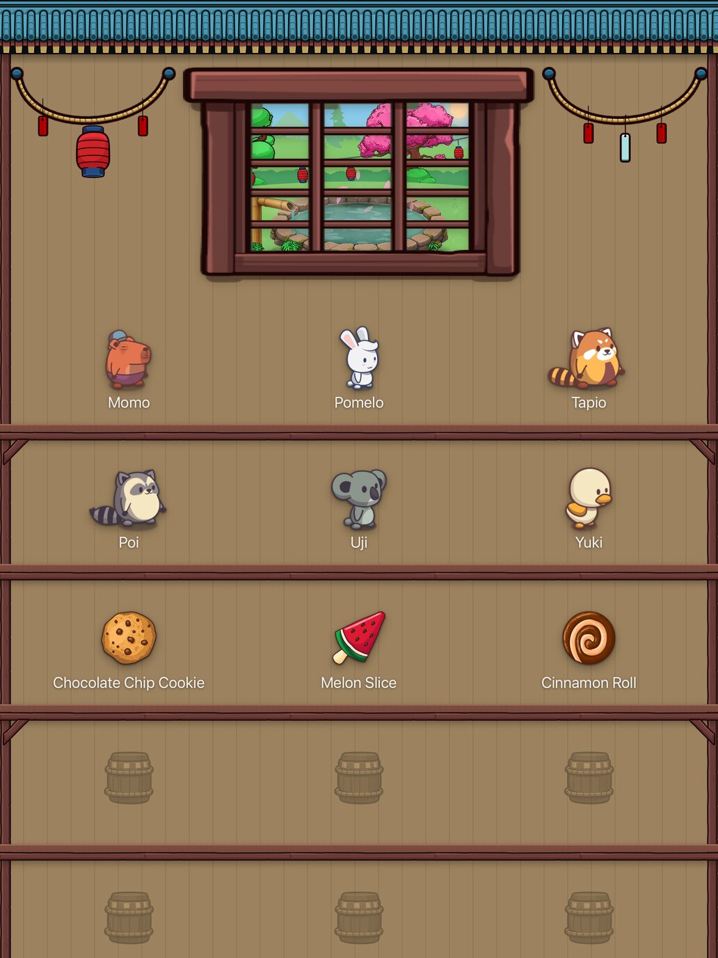 The teahouse shelves on iPad, with residents and snacks.