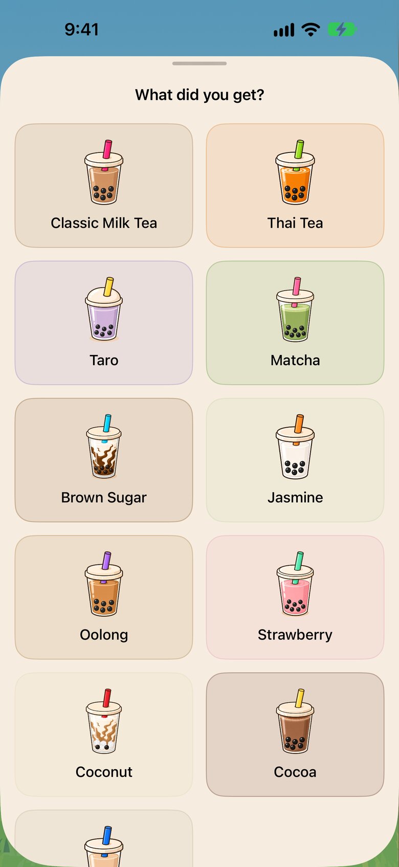 Checking in a drink, choosing from a grid of boba teas.