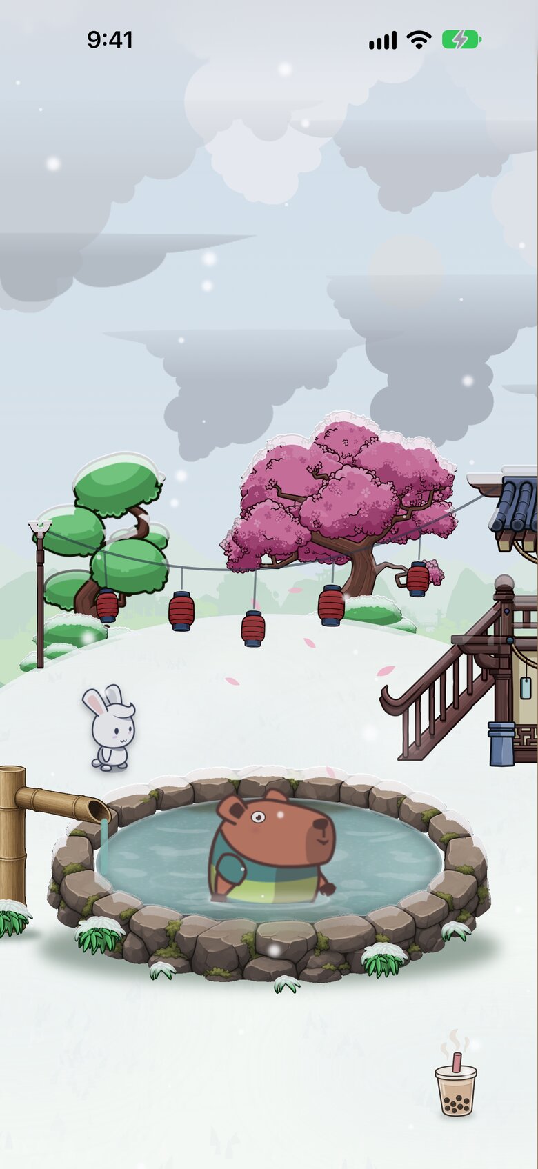 The onsen in the snow, with a capybara in the bath.