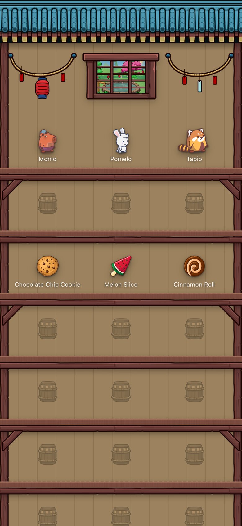 The teahouse shelves, with residents and snacks.