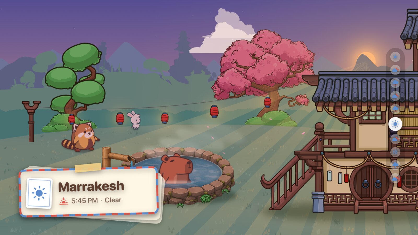 Bobara on Apple TV: a postcard reading Marrakesh, 5:45 PM, Clear, over the onsen at sunset, with a column of weather icons down the right edge.