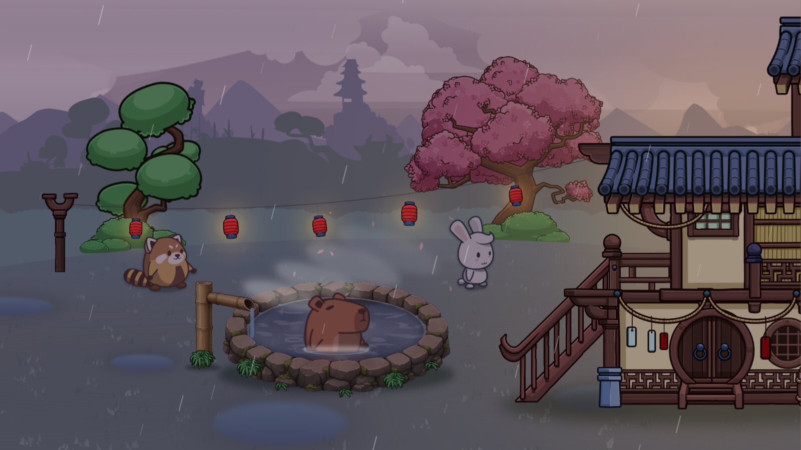 Bobara on Apple TV: rain falling on the onsen at dusk, puddles on the lawn and the lanterns glowing.