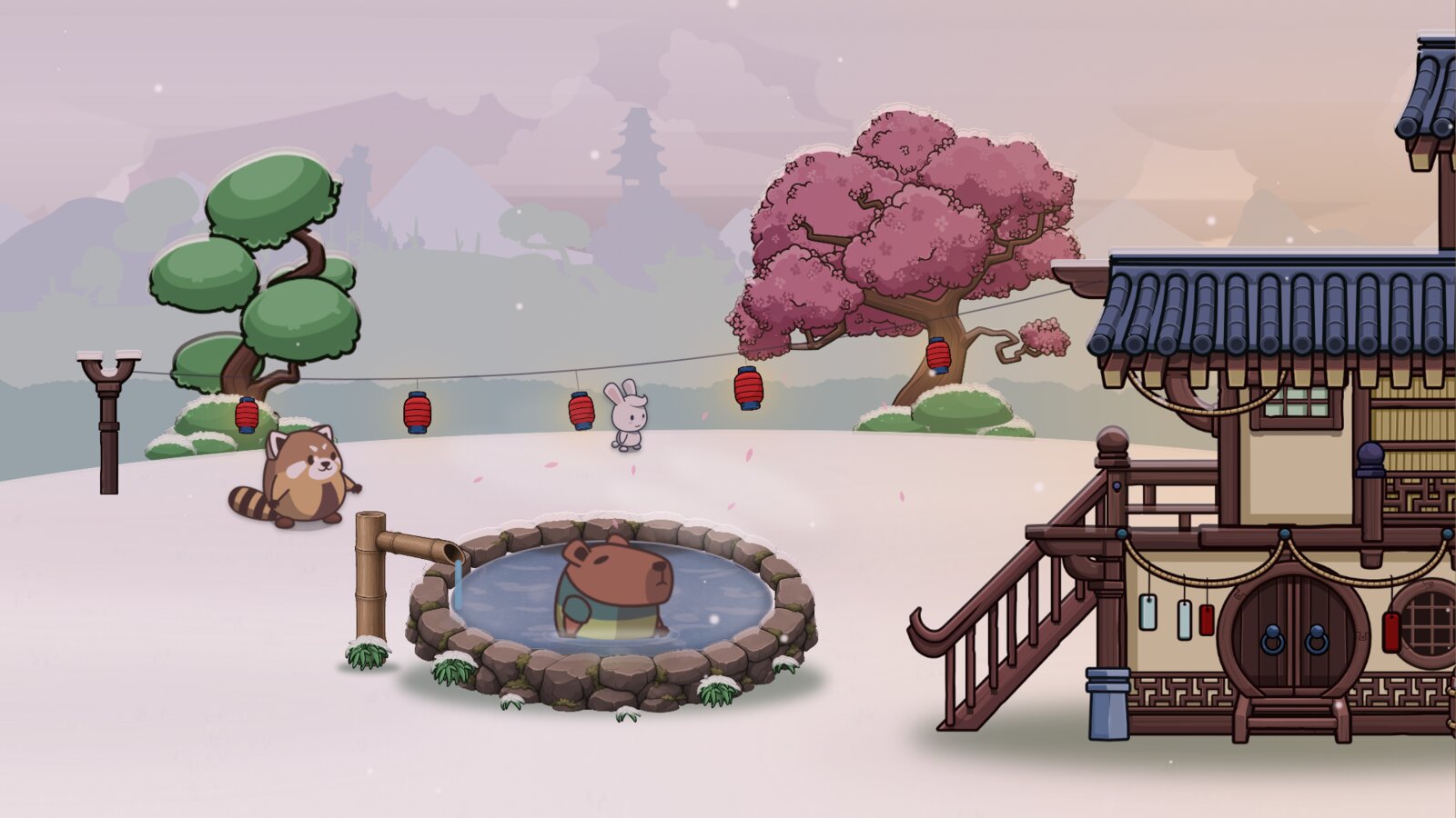 Bobara on Apple TV: Momo soaking in the onsen while snow falls, with a red panda and a rabbit on the snowy lawn and the tea house to the right.