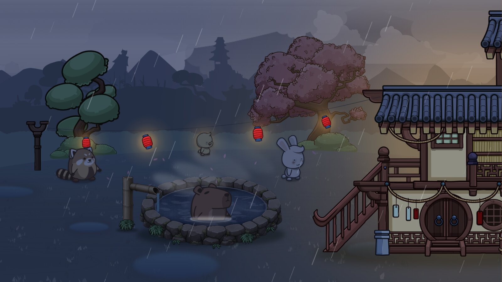 Bobara on Apple TV: a heavy storm over the onsen at night, with the lanterns glowing red.