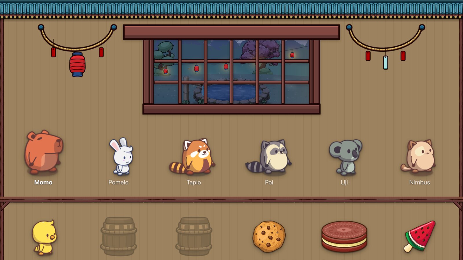 Bobara on Apple TV: the tea house, with Momo, Pomelo, Tapio, Poi, Uji and Nimbus standing on the top shelf and snacks and a small chick on the shelf below, and a window looking out on the onsen at night.